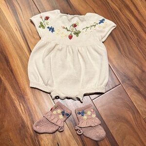 Shirley Bredal Embroidered Cream Baby Romper with Booties